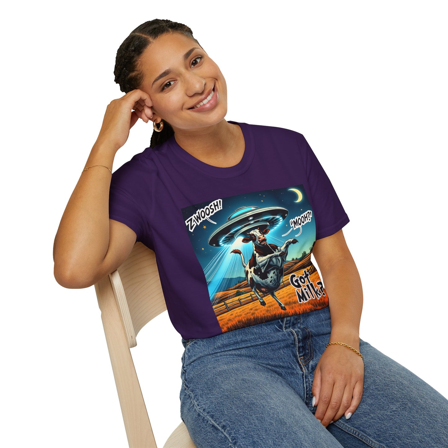 Funny Alien Cow T-Shirt - Got Milk? Unisex Soft style graphic Tee, UFO, galaxies, space, Blackhole, graphic design, png, sublimation
