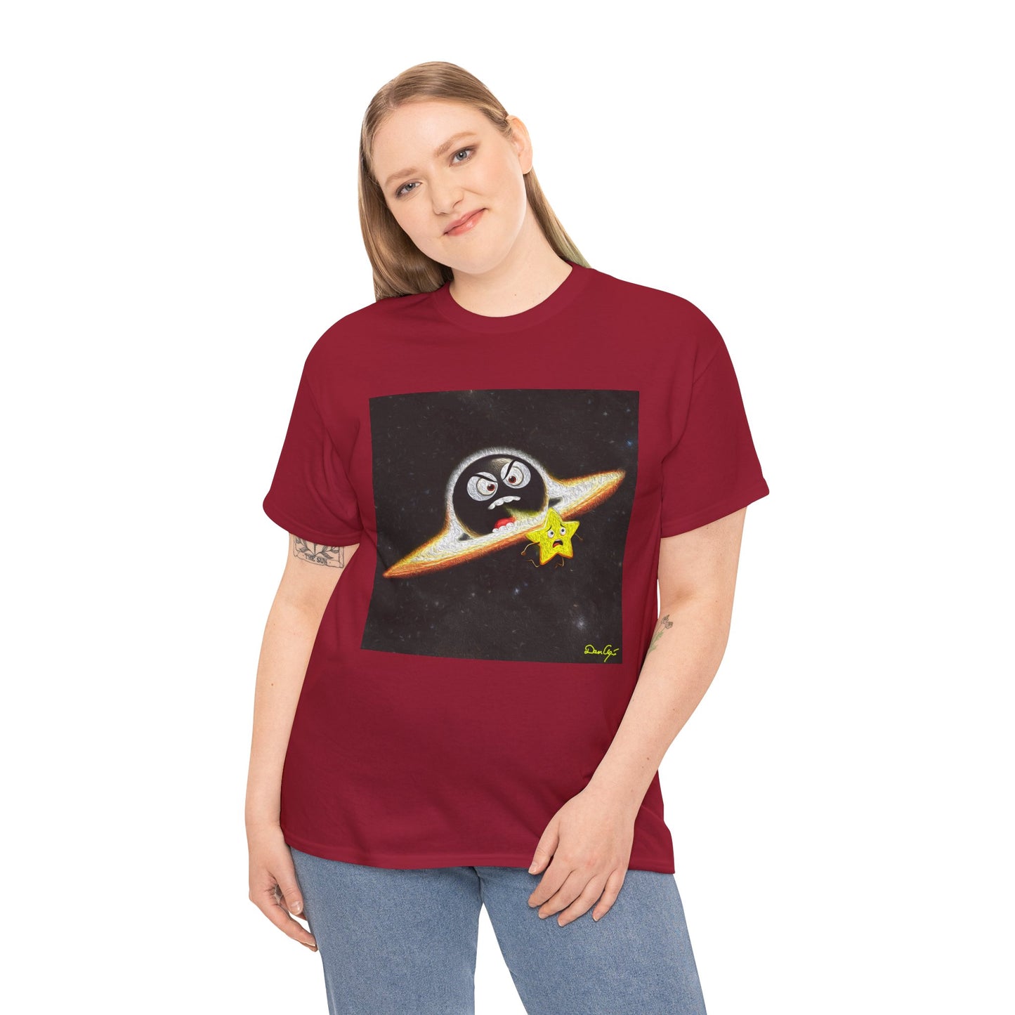 BlackHole Chasing Star, Space-Themed Unisex Heavy Cotton Tee with Cartoon Penguin Design, graphic design, png