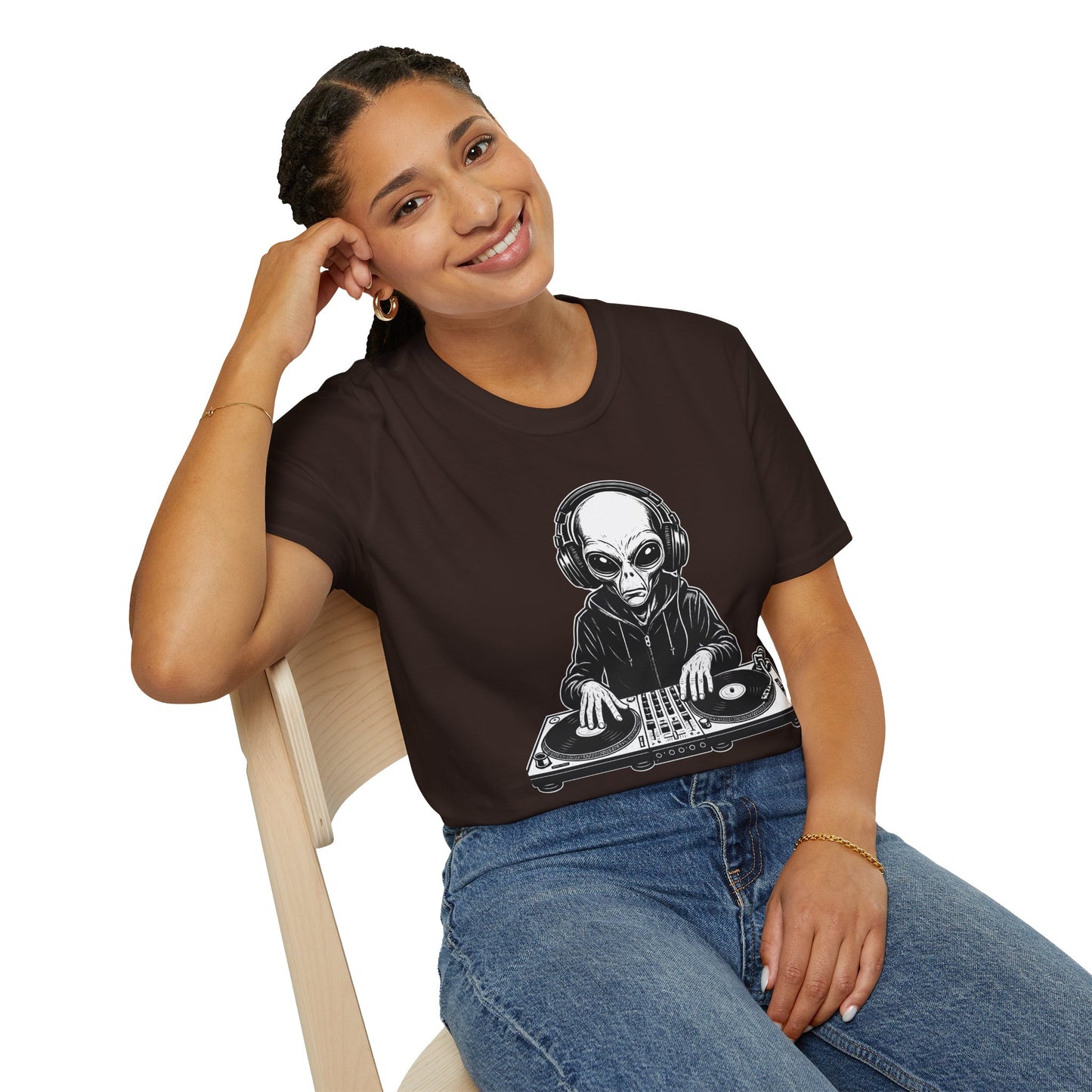 DJ Alien Graphic T-Shirt | Unisex Softstyle Tee for Music Lovers, Gifts for DJs, Cool Casual Wear, Festival Apparel, Unique Alien Design