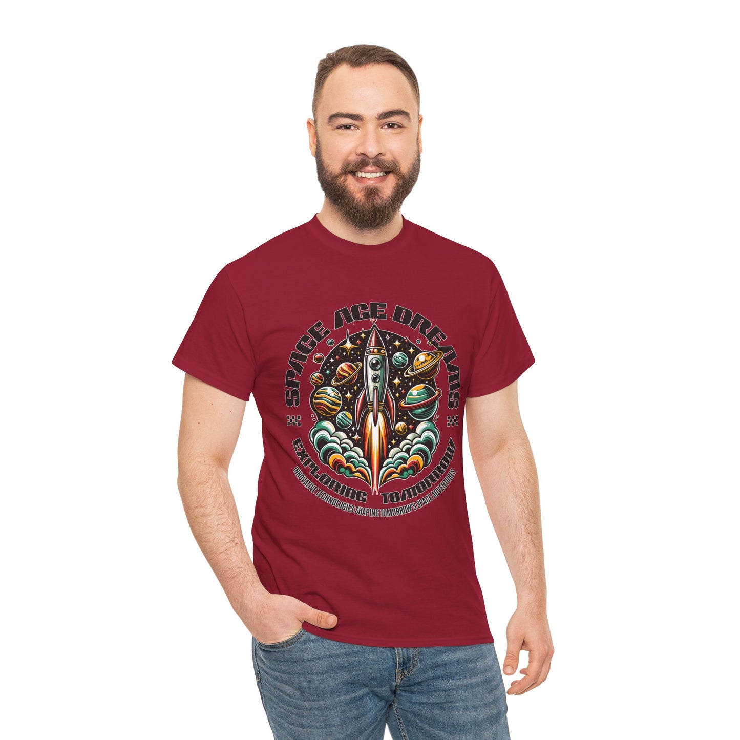 Space Age Dreams, Unisex Heavy Cotton Tee - Retro Rocket Design for Space Lovers, graphic design, png