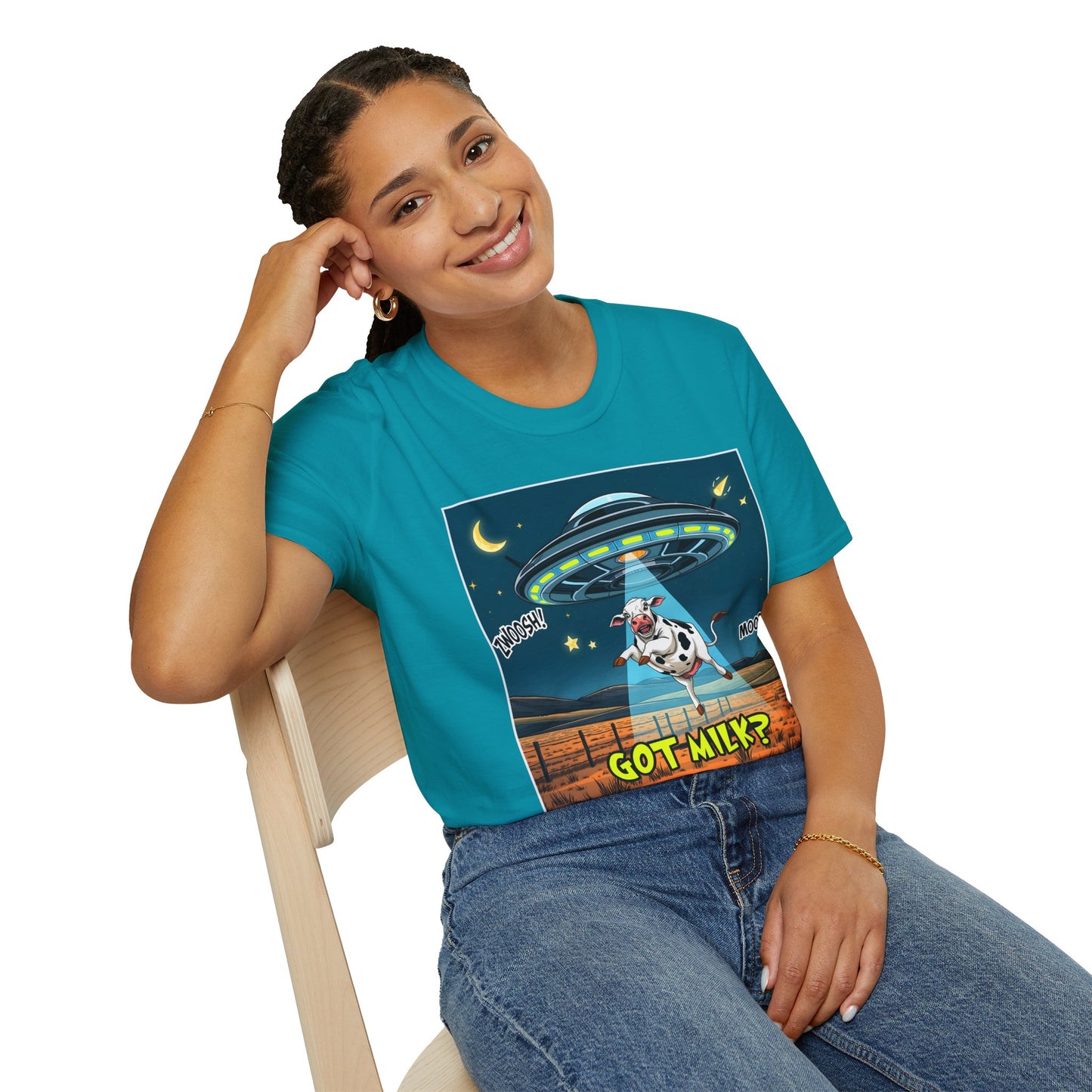 Got Milk? Cow UFO Unisex Softstyle T-Shirt – Fun Graphic Tee for Dairy Lovers, graphic tees, t-shirt, tshirt, graphic design, png