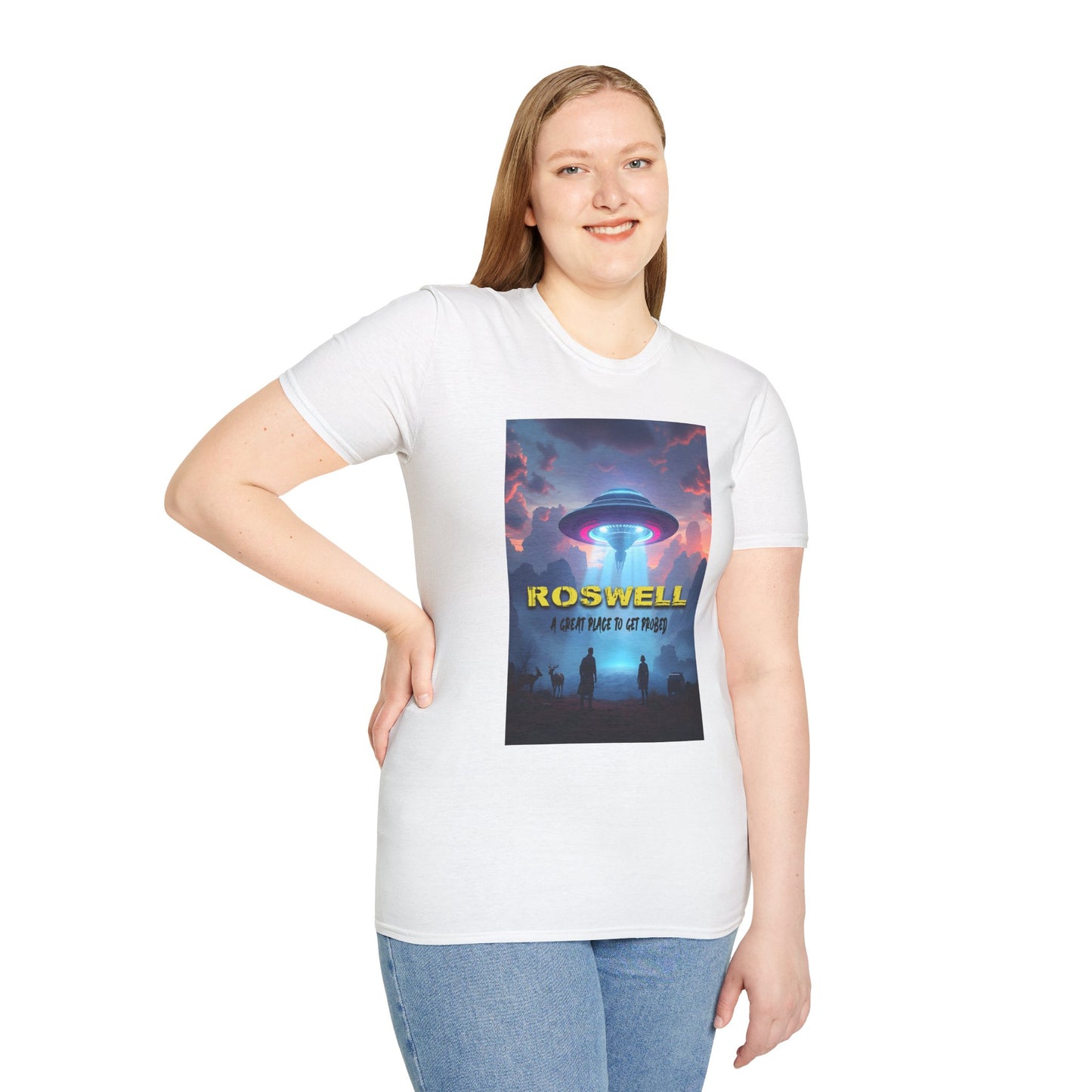 Roswell Probed Retro T-Shirt - Alien UFO Lover Gift, Sci-Fi Apparel, Extraterrestrial Tee, Unisex Softstyle Clothing, graphic design, png