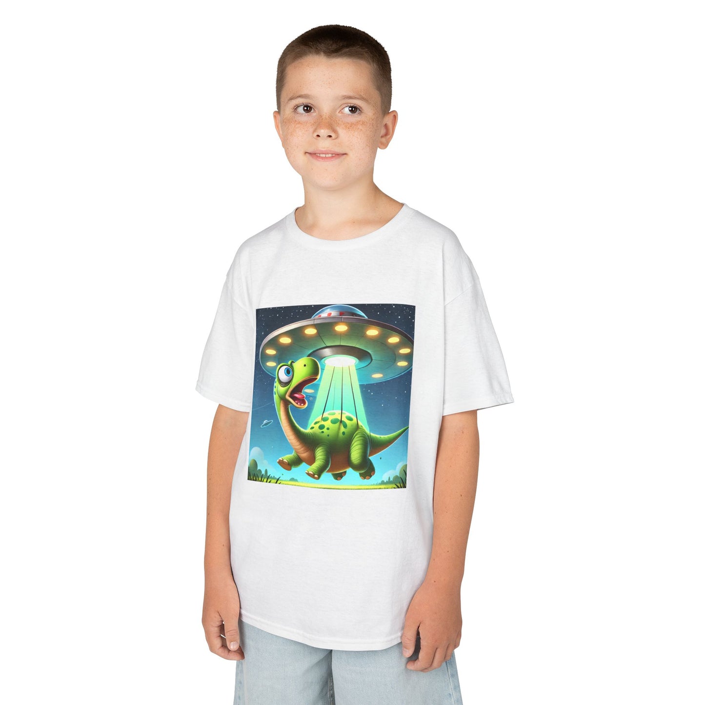 Dinosaur UFO Kids Tee, Fun Graphic Shirt for Boys and Girls, Perfect for Birthdays, Parties, Casual Wear, Gifts, tshirt, t-shirt