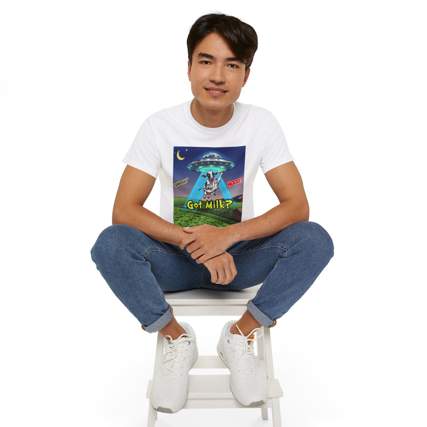Got Milk? Funny Unisex Ultra Cotton Tee - Humorous Cow and UFO Design, graphic tee, t-shirts, tshirt, png, sublimation