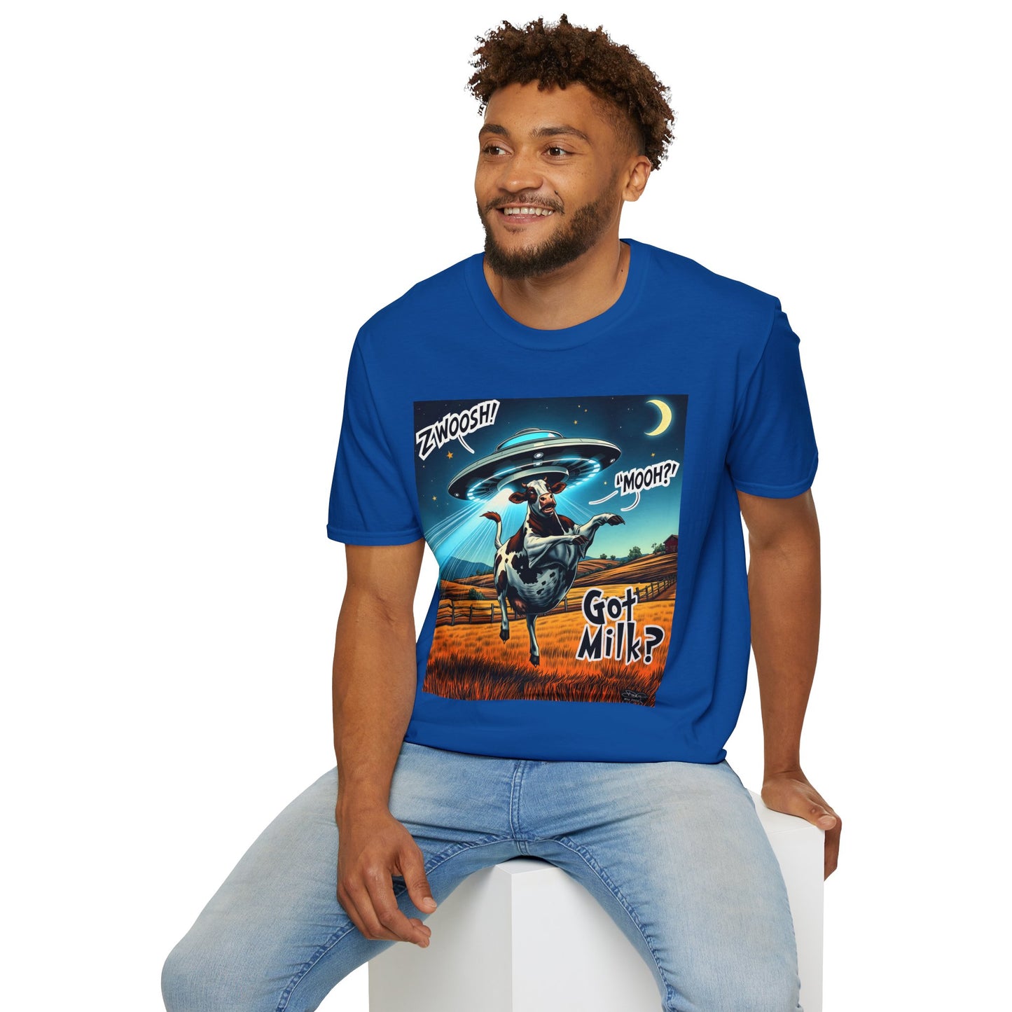 Funny Alien Cow T-Shirt - Got Milk? Unisex Soft style graphic Tee, UFO, galaxies, space, Blackhole, graphic design, png, sublimation