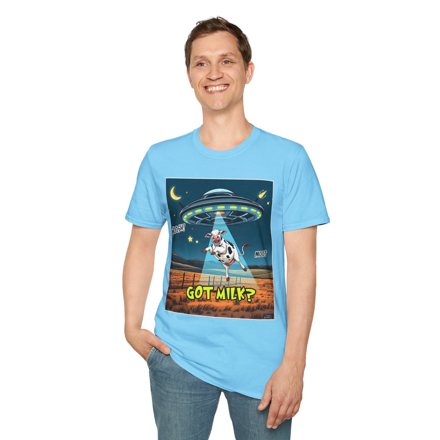 Got Milk? Cow UFO Unisex Softstyle T-Shirt – Fun Graphic Tee for Dairy Lovers, graphic tees, t-shirt, tshirt, graphic design, png