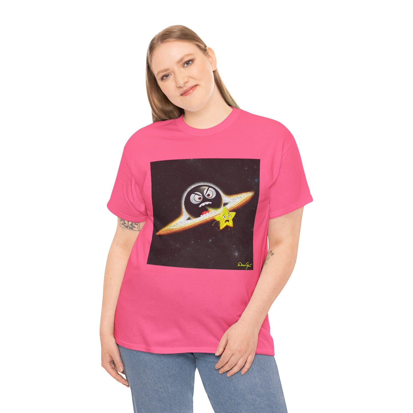 BlackHole Chasing Star, Space-Themed Unisex Heavy Cotton Tee with Cartoon Penguin Design, graphic design, png