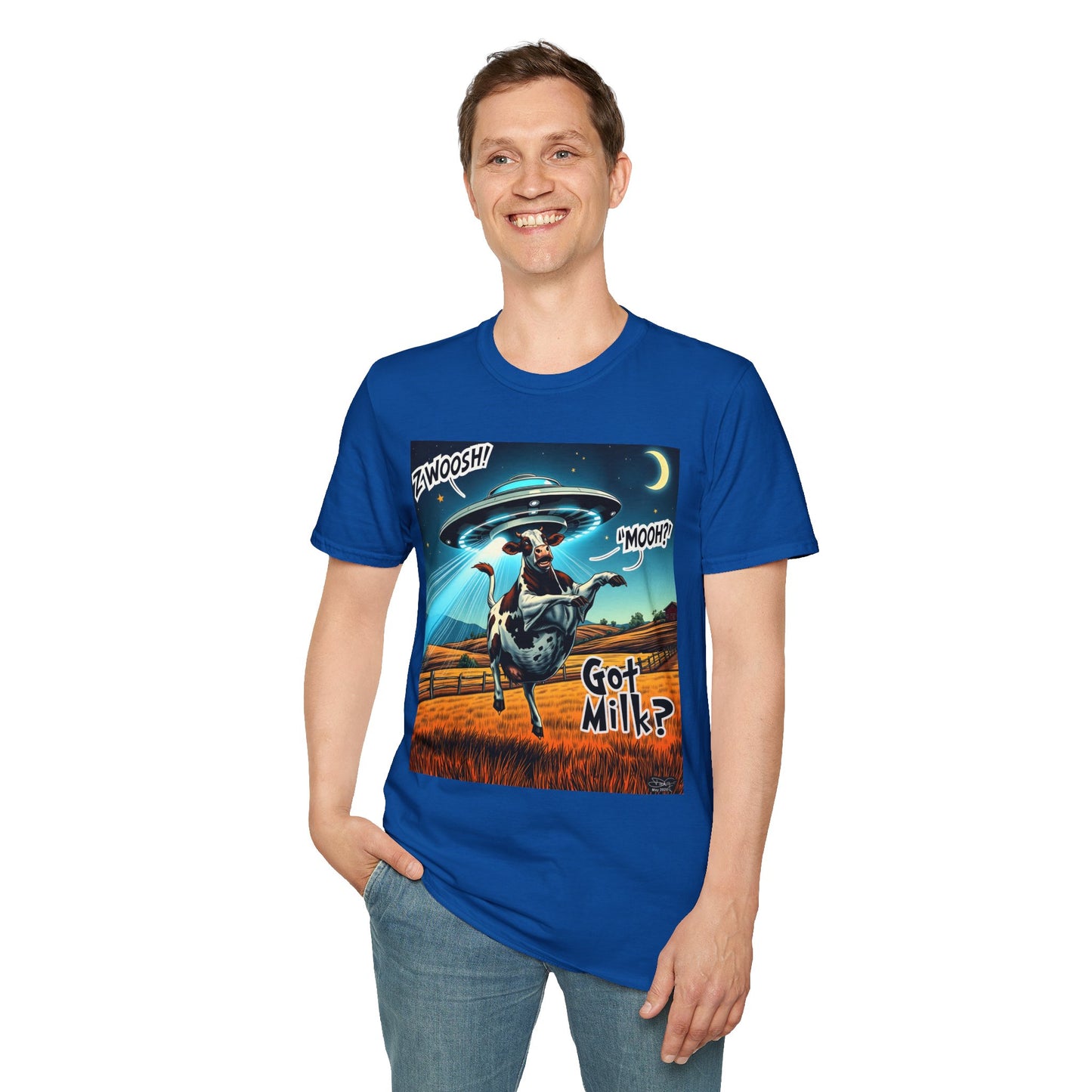 Funny Alien Cow T-Shirt - Got Milk? Unisex Soft style graphic Tee, UFO, galaxies, space, Blackhole, graphic design, png, sublimation