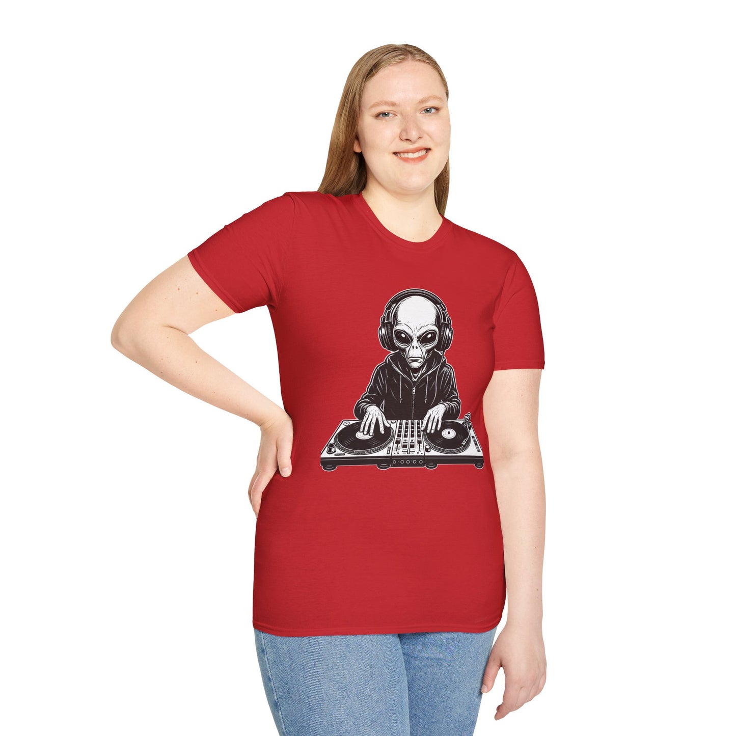 DJ Alien Graphic T-Shirt | Unisex Softstyle Tee for Music Lovers, Gifts for DJs, Cool Casual Wear, Festival Apparel, Unique Alien Design