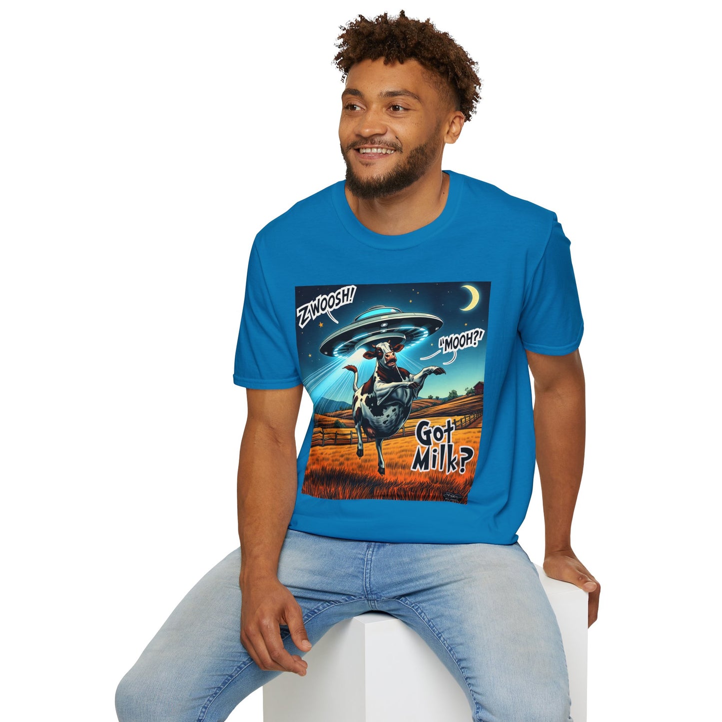 Funny Alien Cow T-Shirt - Got Milk? Unisex Soft style graphic Tee, UFO, galaxies, space, Blackhole, graphic design, png, sublimation