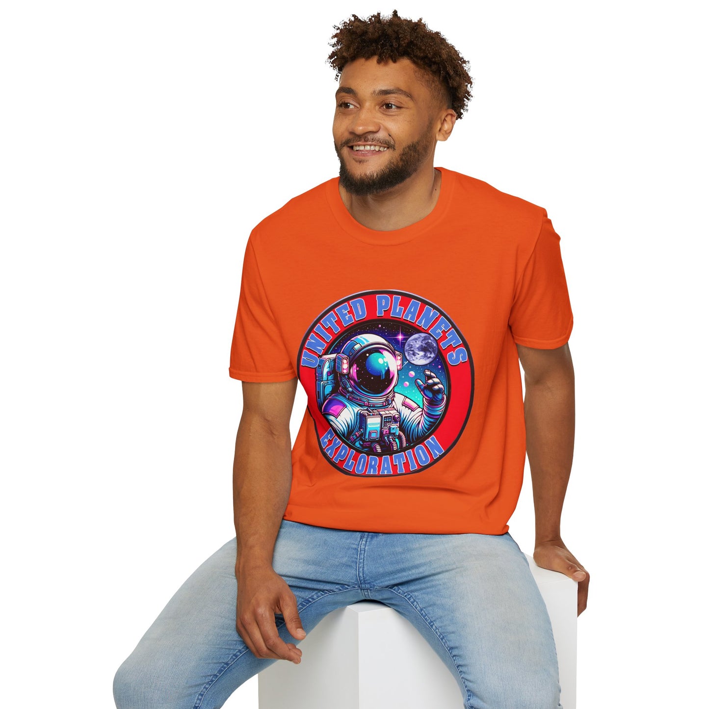 United Planets Exploration Astronaut T-Shirt, Science Themed Tee, Outer Space Shirt for Gift, Birthday, Unisex Softstyle Apparel