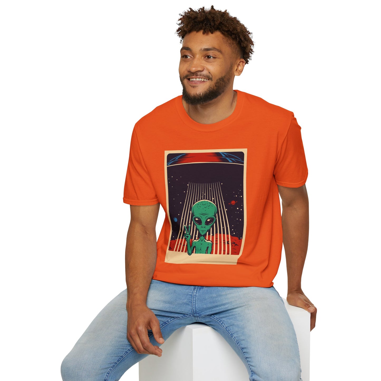 Cosmic Alien Peace Unisex Softstyle T-Shirt, Vintage UFO Tee, Space Lover Gift, Sci-Fi Fan Shirt, Trendy Graphic Tee, GraphicTees, t-shirts