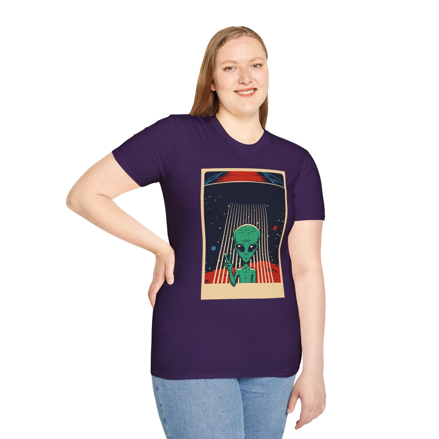 Cosmic Alien Peace Unisex Softstyle T-Shirt, Vintage UFO Tee, Space Lover Gift, Sci-Fi Fan Shirt, Trendy Graphic Tee, GraphicTees, t-shirts