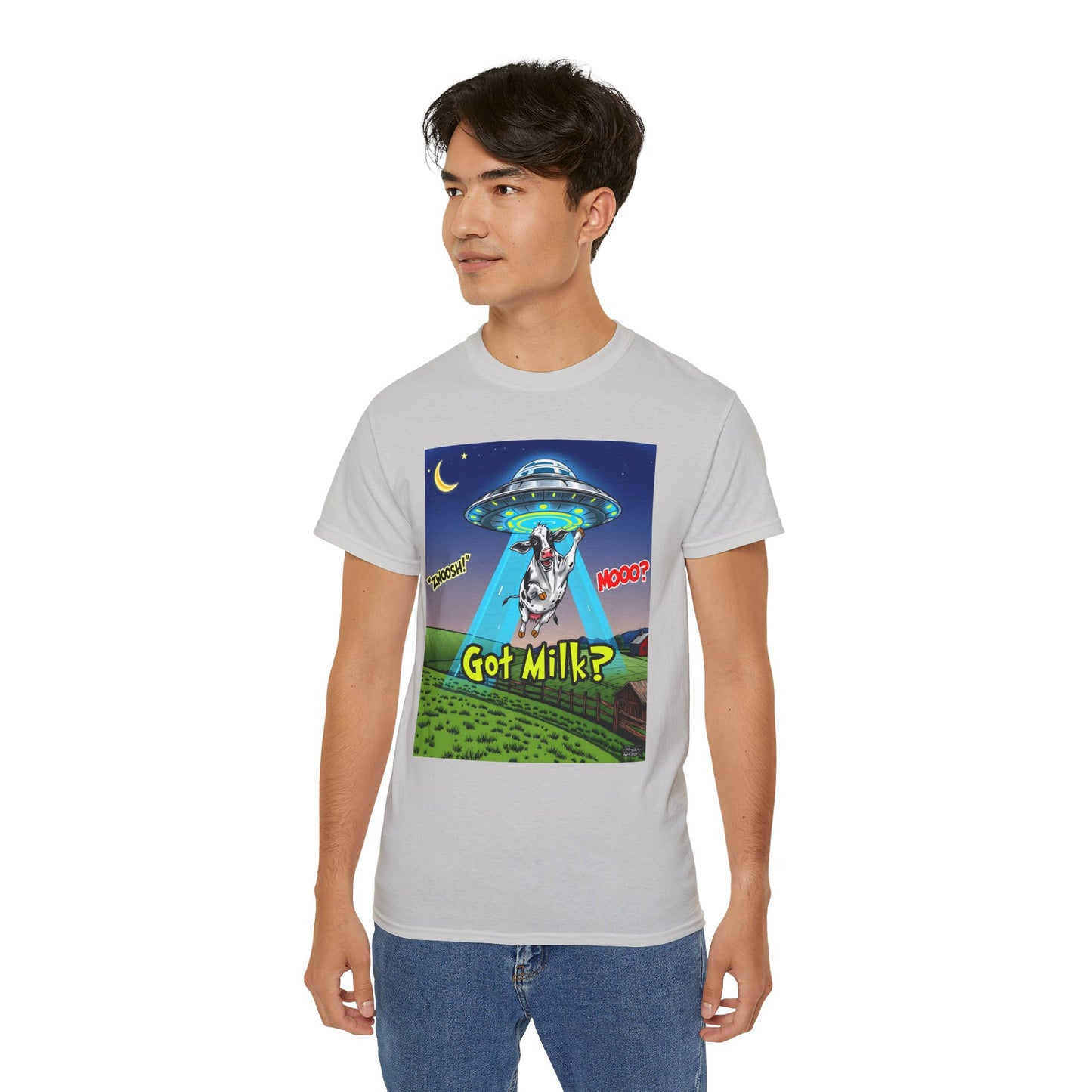 Got Milk? Funny Unisex Ultra Cotton Tee - Humorous Cow and UFO Design, graphic tee, t-shirts, tshirt, png, sublimation