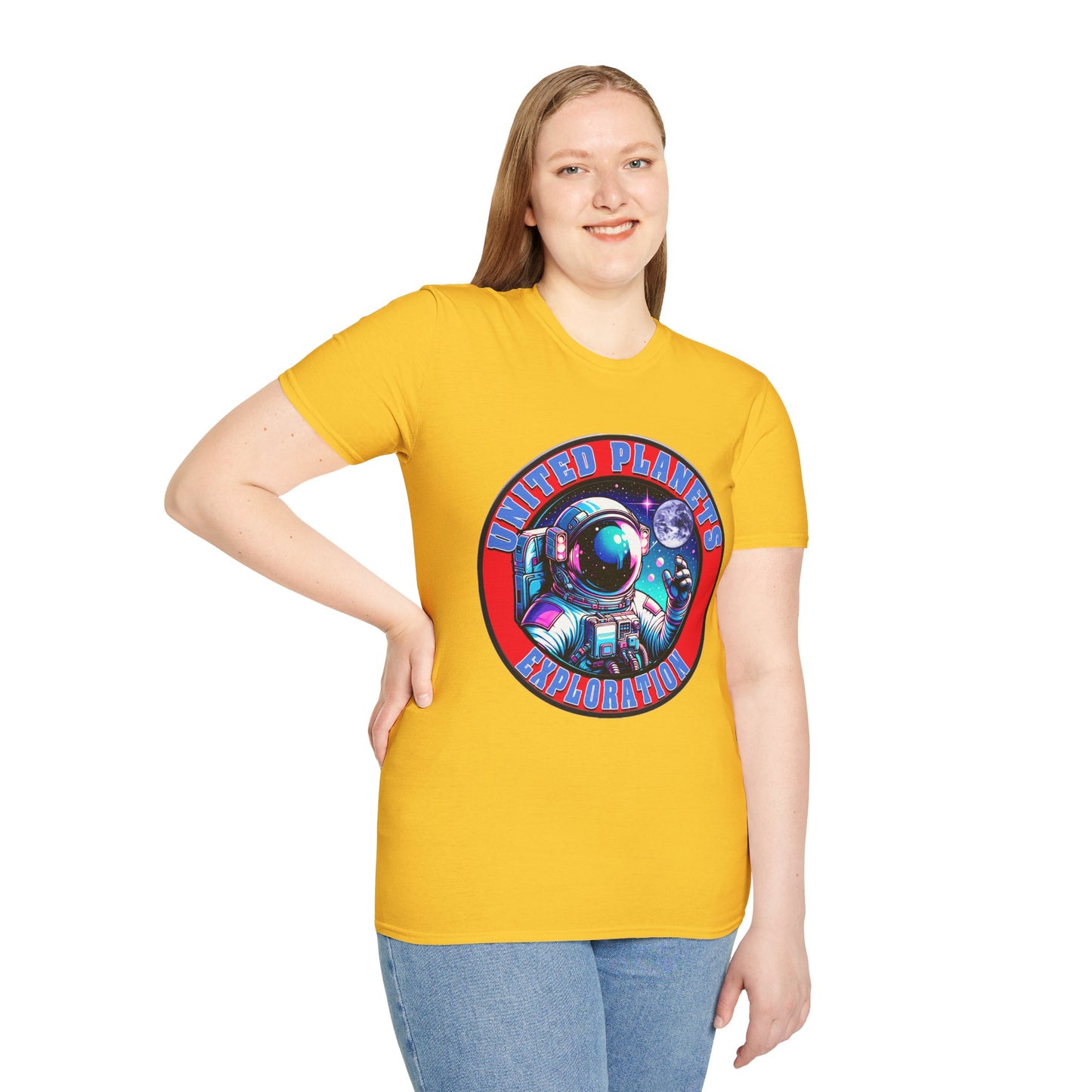 United Planets Exploration Astronaut T-Shirt, Science Themed Tee, Outer Space Shirt for Gift, Birthday, Unisex Softstyle Apparel