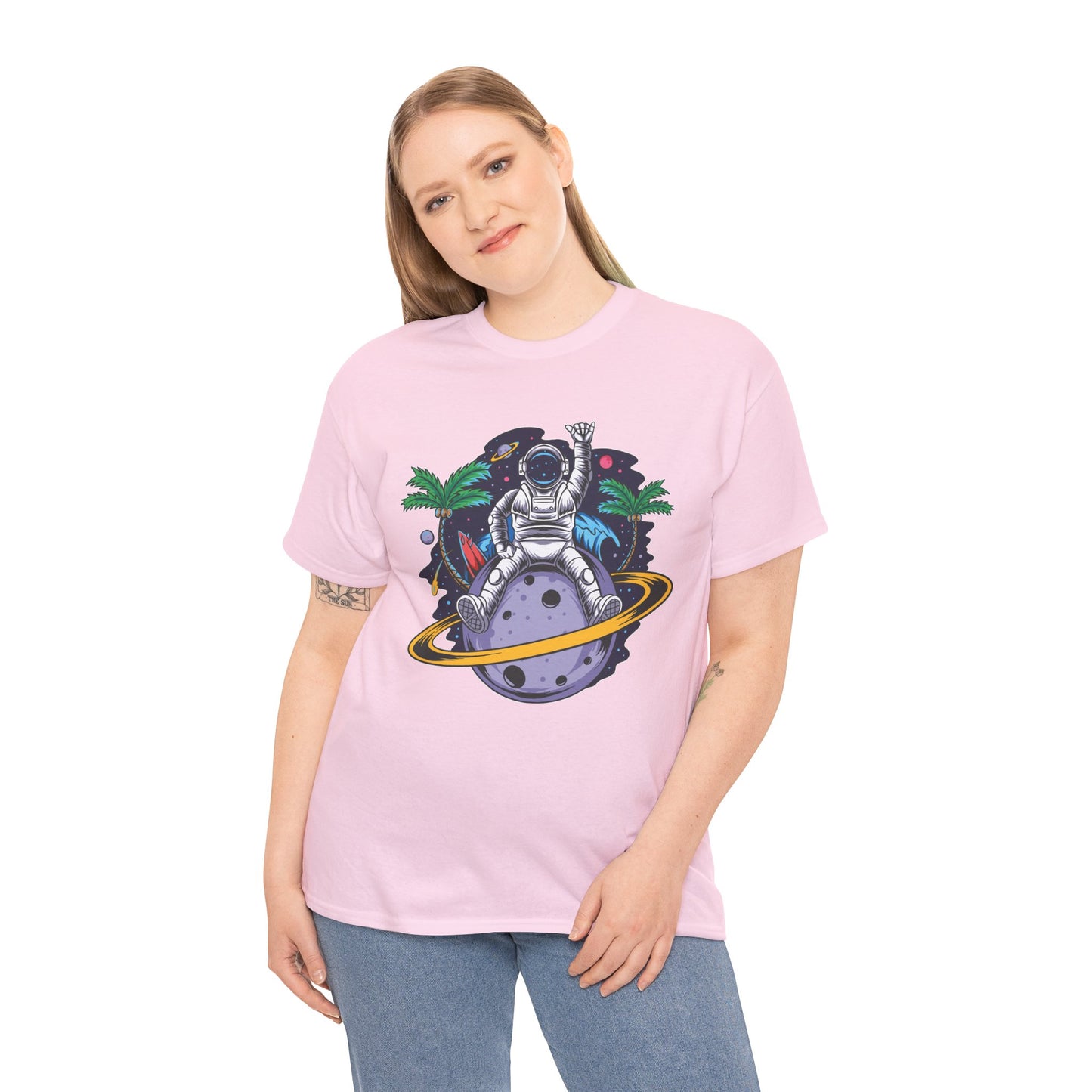 Cosmic Adventure, Unisex Heavy Cotton Tee - Astronaut & Planet Design, graphic design, png, art