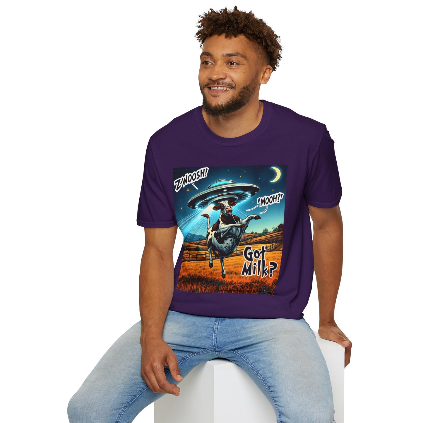 Funny Alien Cow T-Shirt - Got Milk? Unisex Soft style graphic Tee, UFO, galaxies, space, Blackhole, graphic design, png, sublimation