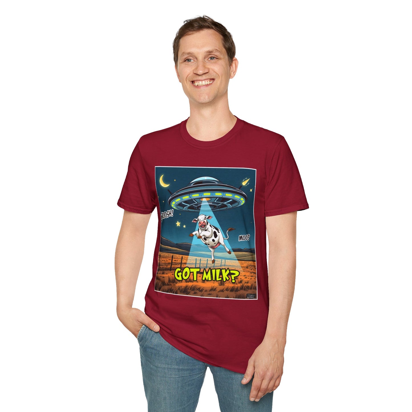 Got Milk? Cow UFO Unisex Softstyle T-Shirt – Fun Graphic Tee for Dairy Lovers, graphic tees, t-shirt, tshirt, graphic design, png