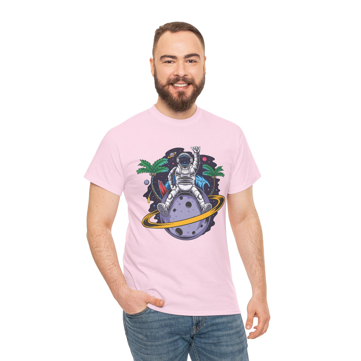 Cosmic Adventure, Unisex Heavy Cotton Tee - Astronaut & Planet Design, graphic design, png, art