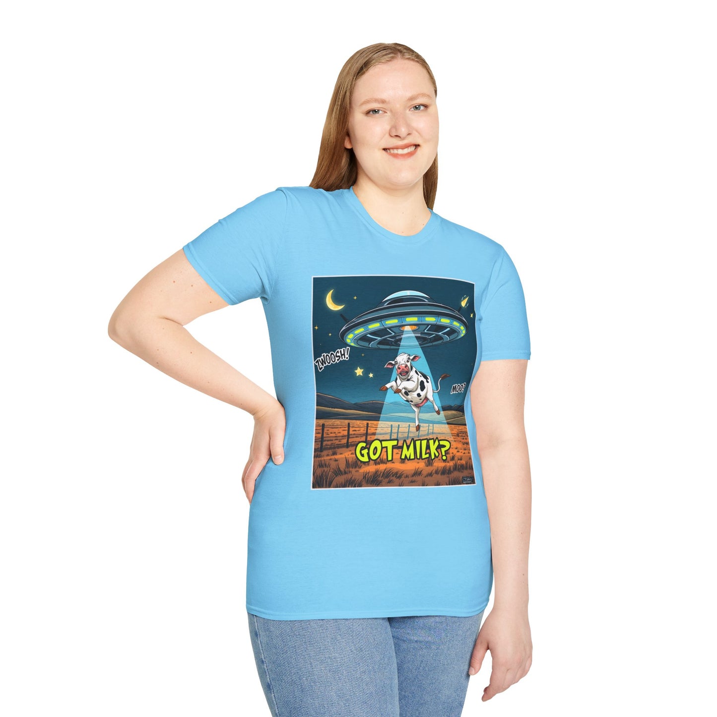 Got Milk? Cow UFO Unisex Softstyle T-Shirt – Fun Graphic Tee for Dairy Lovers, graphic tees, t-shirt, tshirt, graphic design, png