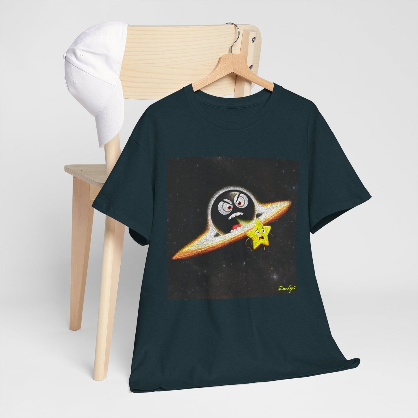 BlackHole Chasing Star, Space-Themed Unisex Heavy Cotton Tee with Cartoon Penguin Design, graphic design, png