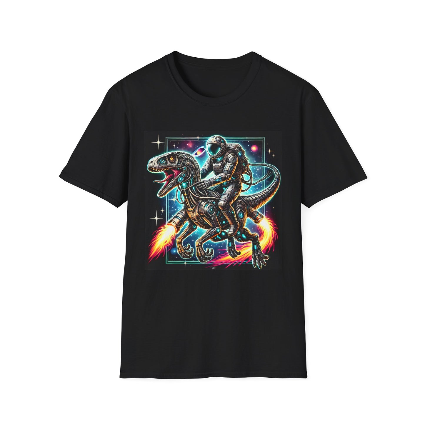 Cosmic Dinosaur Rider Softstyle T-Shirt | Fun Graphic Tee, Unique Gift, Space Lover Shirt, Sci-Fi Enthusiast Apparel