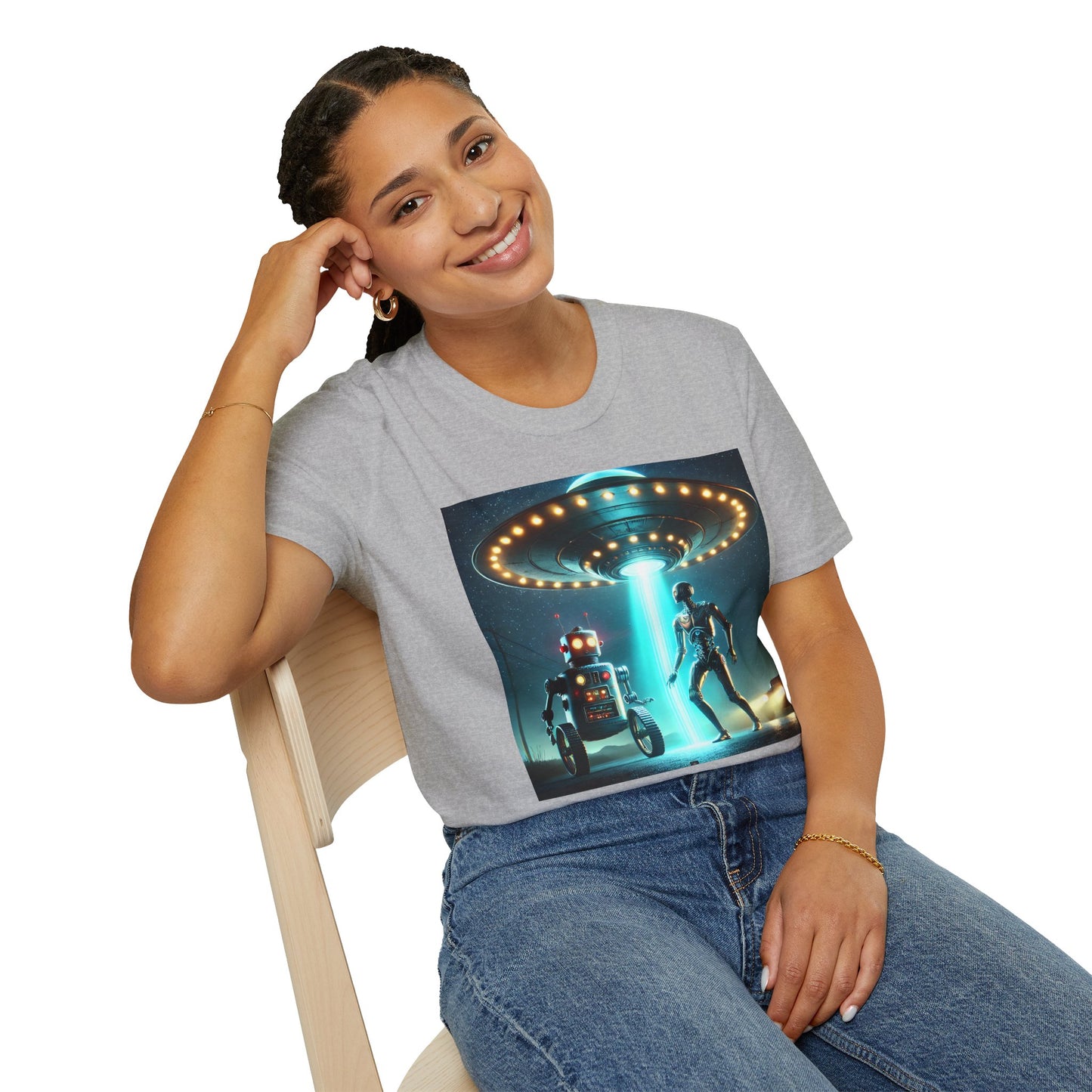 Alien Encounter Unisex Softstyle T-Shirt | Sci-Fi Fan Gift, Superhero Tee, UFO Shirt, Casual Wear, Unique Graphic T-Shirt