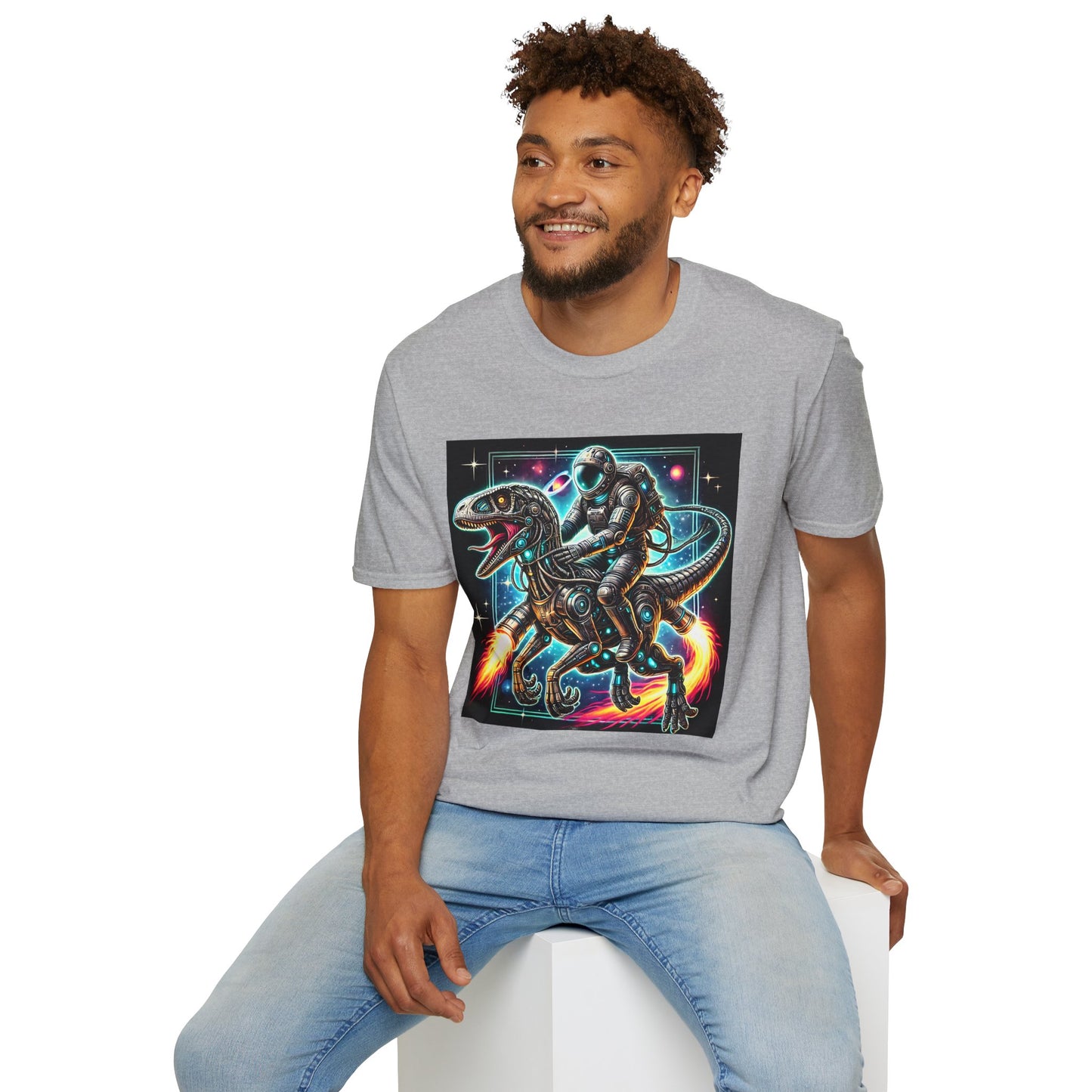 Cosmic Dinosaur Rider Softstyle T-Shirt | Fun Graphic Tee, Unique Gift, Space Lover Shirt, Sci-Fi Enthusiast Apparel