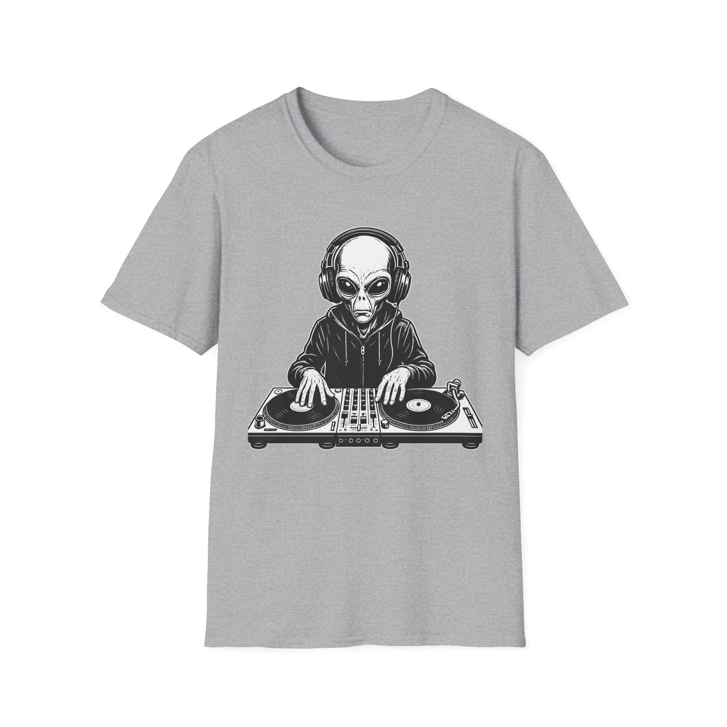 DJ Alien Graphic T-Shirt | Unisex Softstyle Tee for Music Lovers, Gifts for DJs, Cool Casual Wear, Festival Apparel, Unique Alien Design