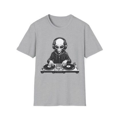 DJ Alien Graphic T-Shirt | Unisex Softstyle Tee for Music Lovers, Gifts for DJs, Cool Casual Wear, Festival Apparel, Unique Alien Design