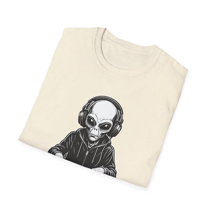 DJ Alien Graphic T-Shirt | Unisex Softstyle Tee for Music Lovers, Gifts for DJs, Cool Casual Wear, Festival Apparel, Unique Alien Design