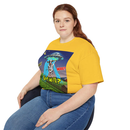 Got Milk? Funny Unisex Ultra Cotton Tee - Humorous Cow and UFO Design, graphic tee, t-shirts, tshirt, png, sublimation