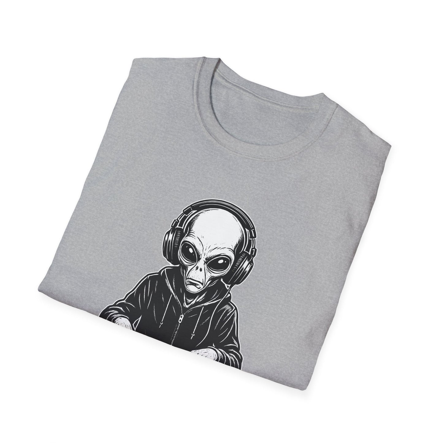 DJ Alien Graphic T-Shirt | Unisex Softstyle Tee for Music Lovers, Gifts for DJs, Cool Casual Wear, Festival Apparel, Unique Alien Design