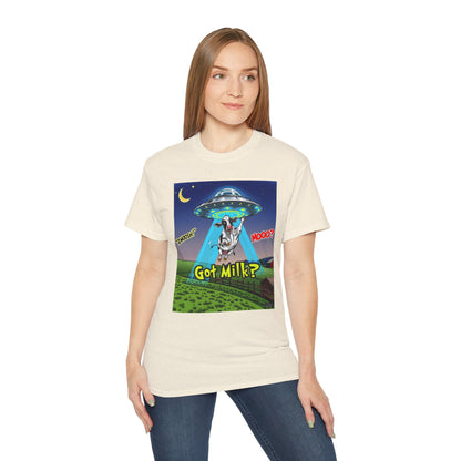 Got Milk? Funny Unisex Ultra Cotton Tee - Humorous Cow and UFO Design, graphic tee, t-shirts, tshirt, png, sublimation