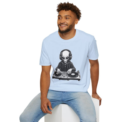 DJ Alien Graphic T-Shirt | Unisex Softstyle Tee for Music Lovers, Gifts for DJs, Cool Casual Wear, Festival Apparel, Unique Alien Design