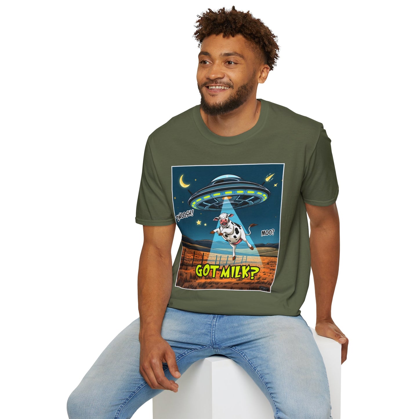 Got Milk? Cow UFO Unisex Softstyle T-Shirt – Fun Graphic Tee for Dairy Lovers, graphic tees, t-shirt, tshirt, graphic design, png
