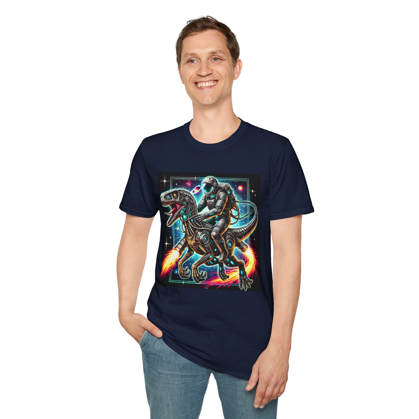 Cosmic Dinosaur Rider Softstyle T-Shirt | Fun Graphic Tee, Unique Gift, Space Lover Shirt, Sci-Fi Enthusiast Apparel