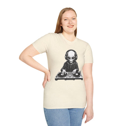 DJ Alien Graphic T-Shirt | Unisex Softstyle Tee for Music Lovers, Gifts for DJs, Cool Casual Wear, Festival Apparel, Unique Alien Design