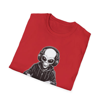 DJ Alien Graphic T-Shirt | Unisex Softstyle Tee for Music Lovers, Gifts for DJs, Cool Casual Wear, Festival Apparel, Unique Alien Design