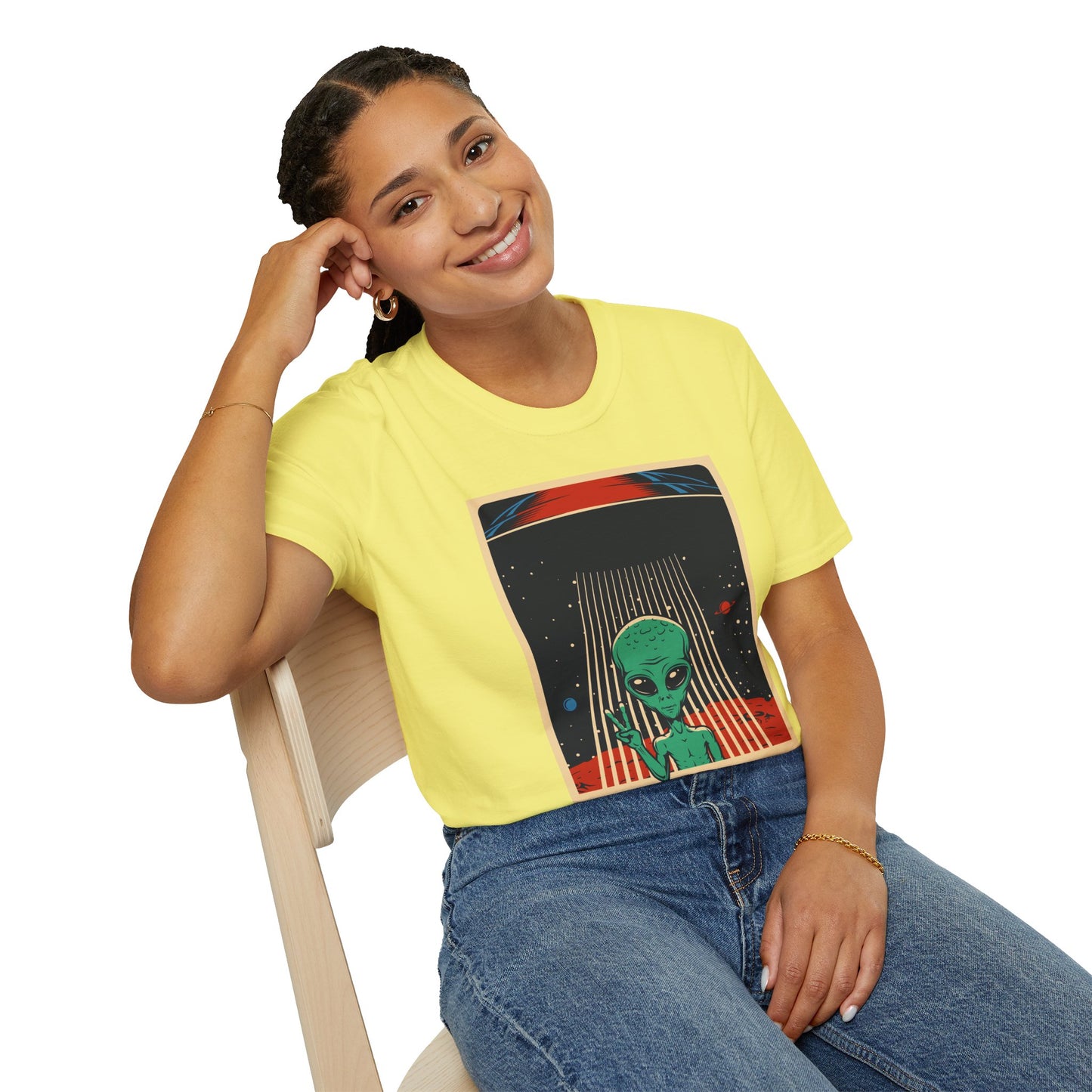 Cosmic Alien Peace Unisex Softstyle T-Shirt, Vintage UFO Tee, Space Lover Gift, Sci-Fi Fan Shirt, Trendy Graphic Tee, GraphicTees, t-shirts