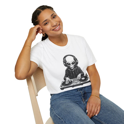 DJ Alien Graphic T-Shirt | Unisex Softstyle Tee for Music Lovers, Gifts for DJs, Cool Casual Wear, Festival Apparel, Unique Alien Design