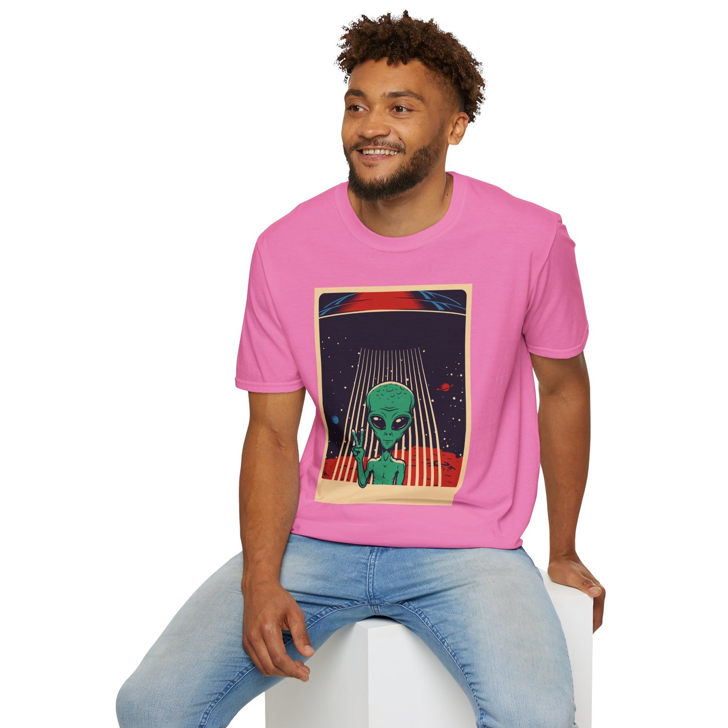 Cosmic Alien Peace Unisex Softstyle T-Shirt, Vintage UFO Tee, Space Lover Gift, Sci-Fi Fan Shirt, Trendy Graphic Tee, GraphicTees, t-shirts