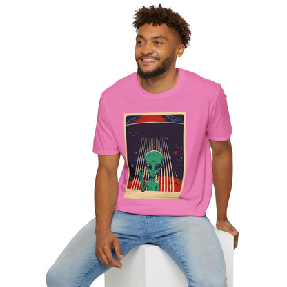 Cosmic Alien Peace Unisex Softstyle T-Shirt, Vintage UFO Tee, Space Lover Gift, Sci-Fi Fan Shirt, Trendy Graphic Tee, GraphicTees, t-shirts