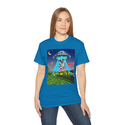 Got Milk? Funny Unisex Ultra Cotton Tee - Humorous Cow and UFO Design, graphic tee, t-shirts, tshirt, png, sublimation