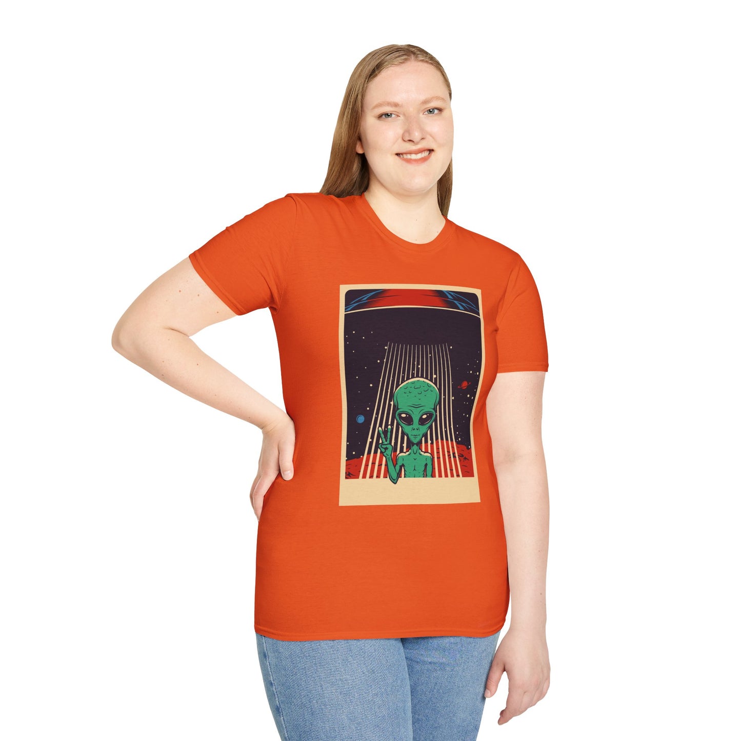 Cosmic Alien Peace Unisex Softstyle T-Shirt, Vintage UFO Tee, Space Lover Gift, Sci-Fi Fan Shirt, Trendy Graphic Tee, GraphicTees, t-shirts