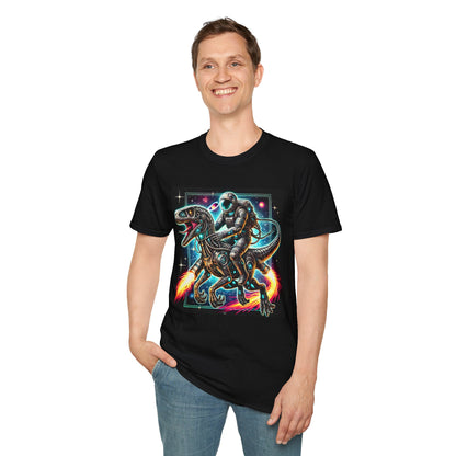 Cosmic Dinosaur Rider Softstyle T-Shirt | Fun Graphic Tee, Unique Gift, Space Lover Shirt, Sci-Fi Enthusiast Apparel