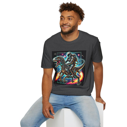 Cosmic Dinosaur Rider Softstyle T-Shirt | Fun Graphic Tee, Unique Gift, Space Lover Shirt, Sci-Fi Enthusiast Apparel