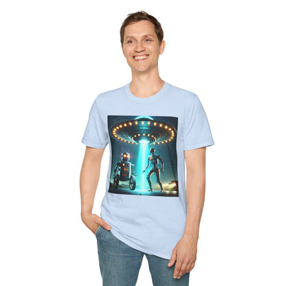 Alien Encounter Unisex Softstyle T-Shirt | Sci-Fi Fan Gift, Superhero Tee, UFO Shirt, Casual Wear, Unique Graphic T-Shirt