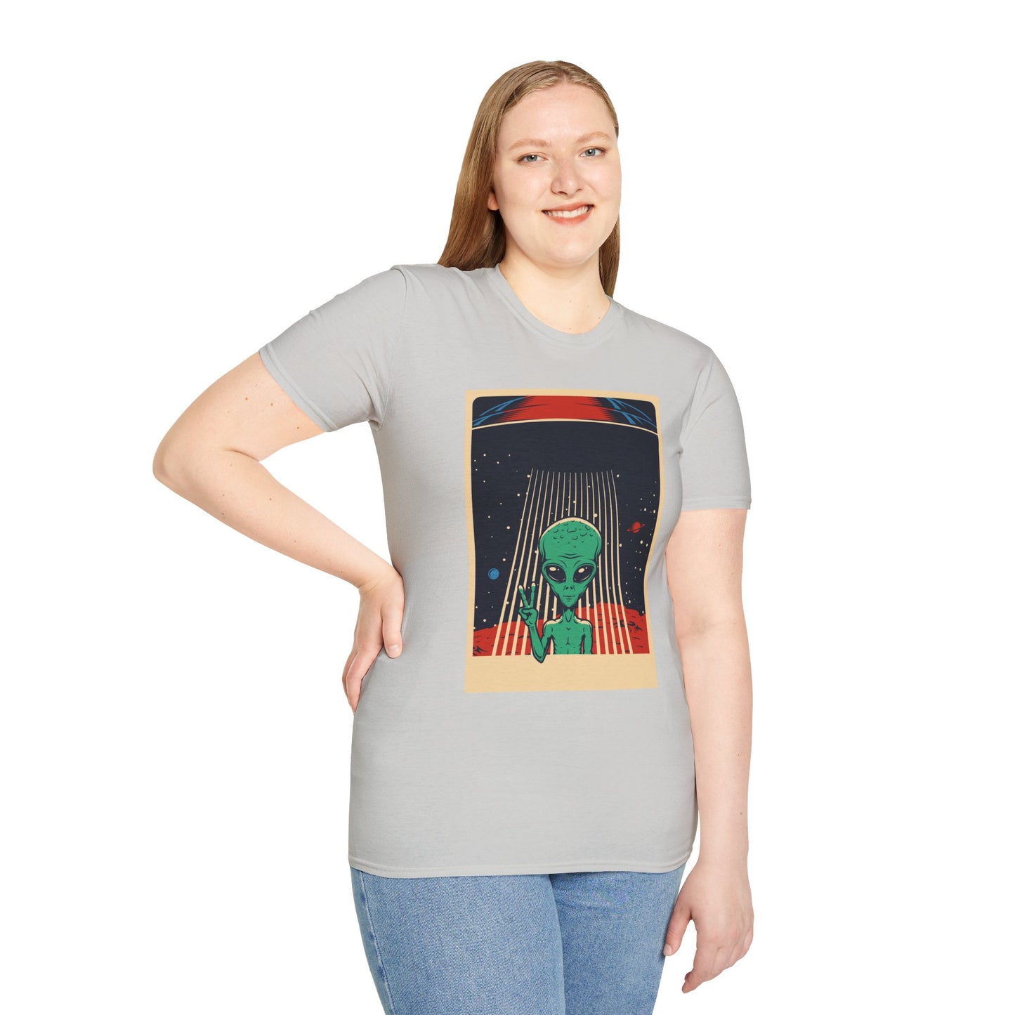 Cosmic Alien Peace Unisex Softstyle T-Shirt, Vintage UFO Tee, Space Lover Gift, Sci-Fi Fan Shirt, Trendy Graphic Tee, GraphicTees, t-shirts
