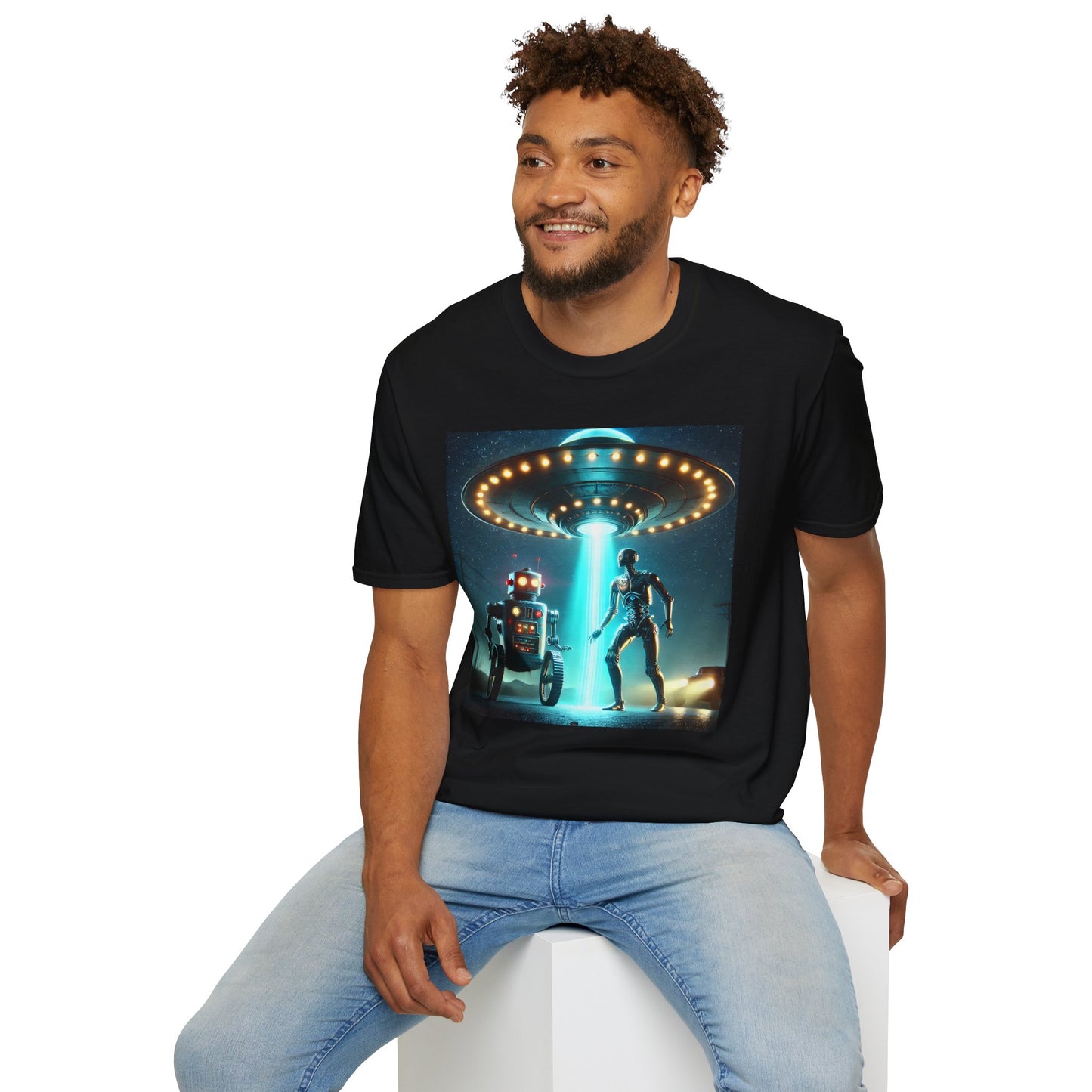 Alien Encounter Unisex Softstyle T-Shirt | Sci-Fi Fan Gift, Superhero Tee, UFO Shirt, Casual Wear, Unique Graphic T-Shirt